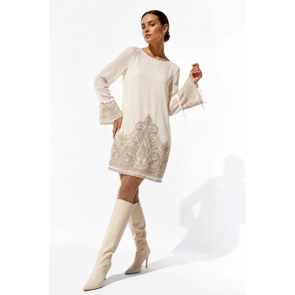 Soieblu Ivory Paisley Embroidered Bell Sleeve Shift Dress Size L Fairy Whimsy